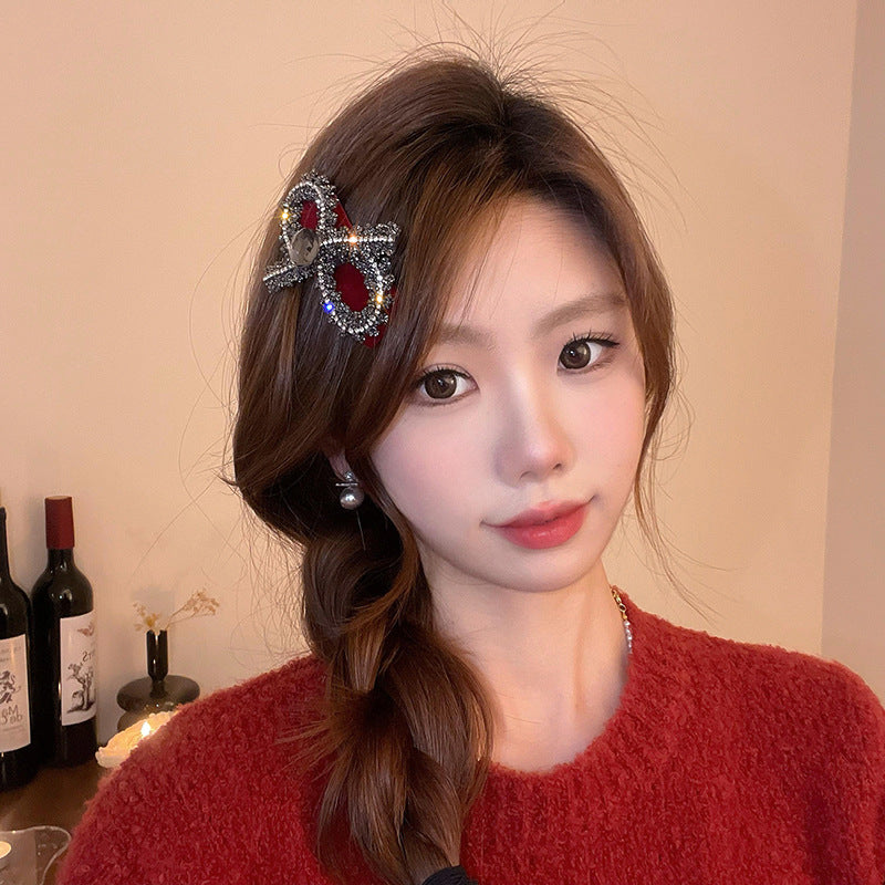 镶钻蝴蝶结丝绒侧边发夹2023新款甜美BB夹碎秋冬高级感发饰批发女