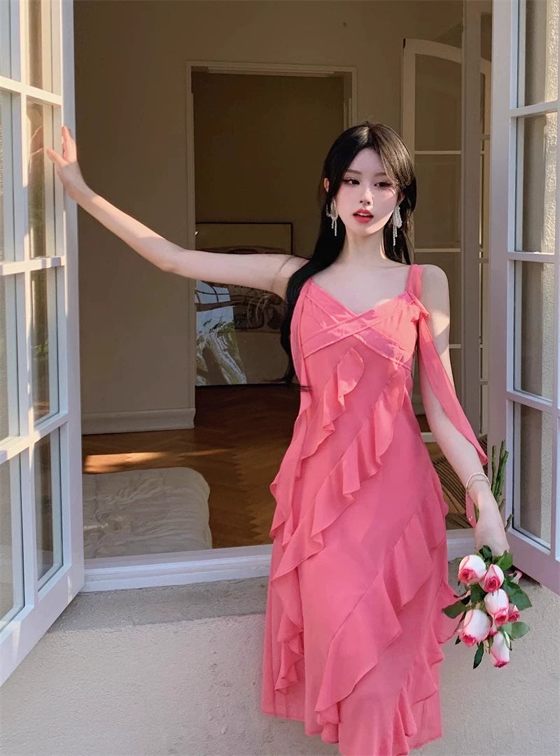 Fashion women's wear French Style Green Suspenders Dress Women's Summer V-neck Elegant Ruffle Waist-Tight Seaside Vacation Beach Dress