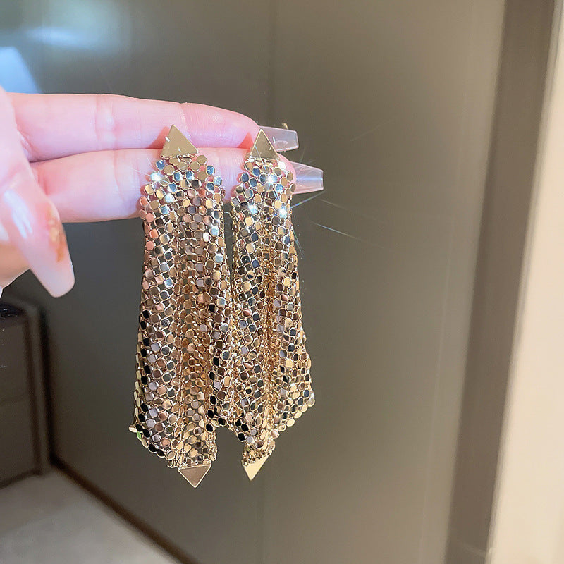 925银针树叶亮片流苏耳环欧美夸张个性耳钉时尚高级感耳饰批发女