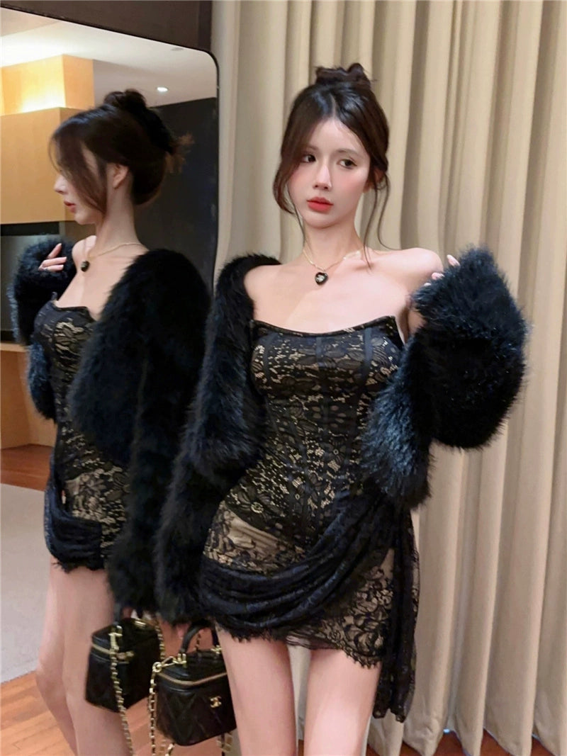 Fashion women's wear Dress Women's American Hot Girl Style Refined Handmade Lace Crocheted Strapless Dress Winter New Fashionable Ribbon Hip Skirt