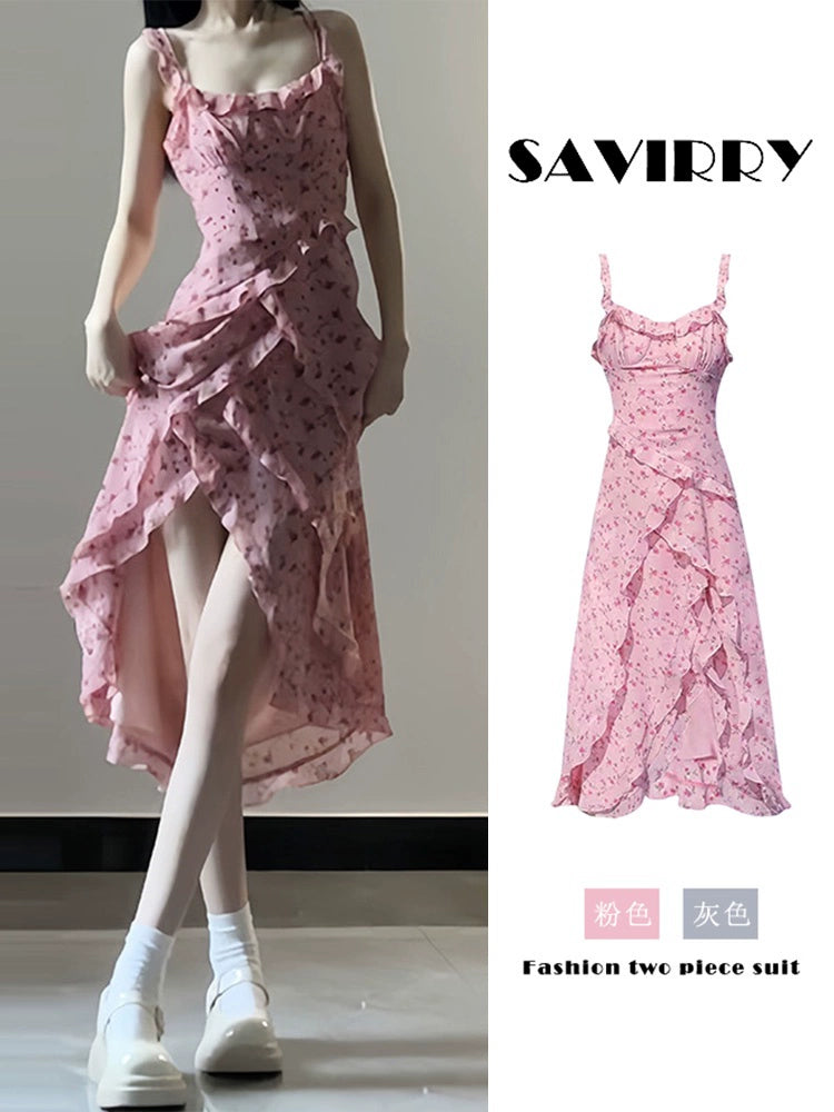 Fashion women's wear Pink Floral Strap Dress Women's Early Spring Dopamine Wear Match 2024 New Korean Style Ruffled Skirt Summer