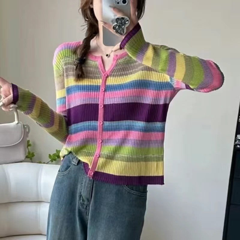 Dopamine tops Free shipping Tattoo Early autumn new striped versatile contrasting colors rainbow dopamine wear long-sleeved V-neck knitted sweater women