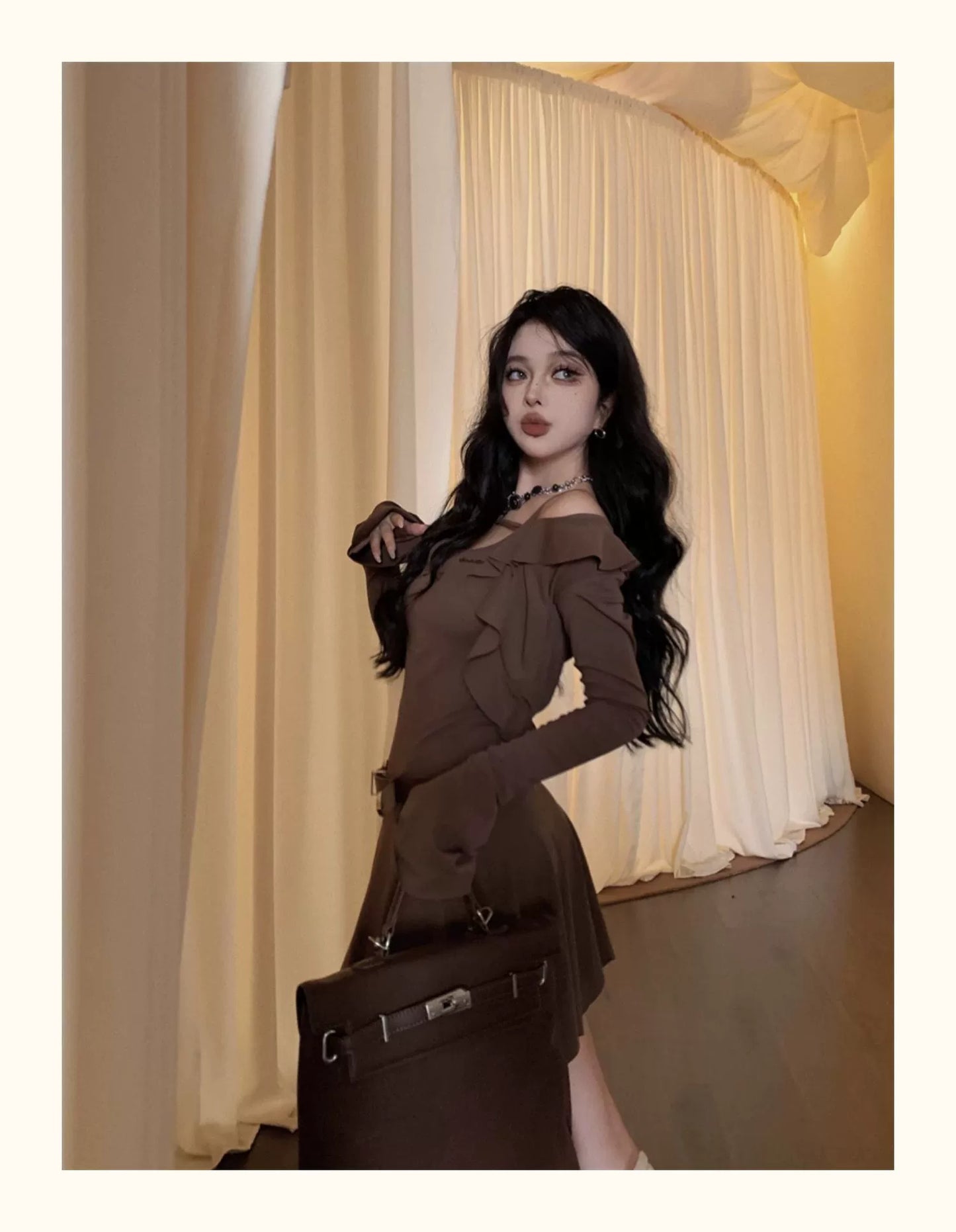 Fashion women's wear Brown Sleeveless Sling Dress Women's Summer Hot Girl Fitted Waist Pleated A- line Short Skirt Ruffled Cardigan Two-Piece Set
