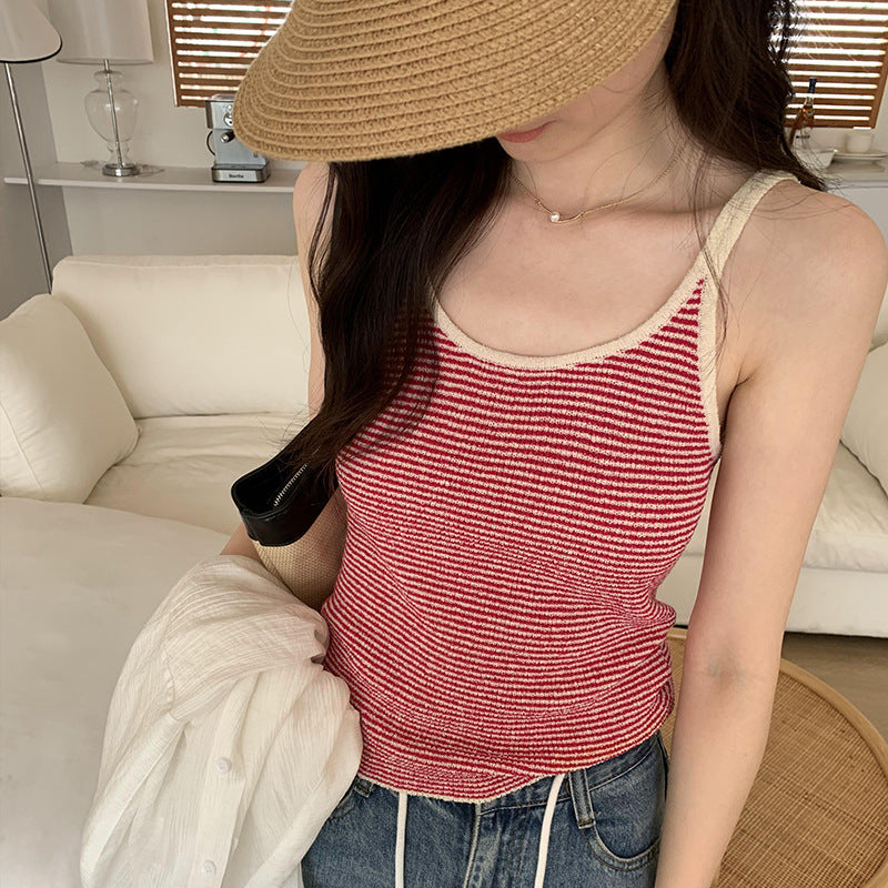 Dopamine tops Free shipping Tattoo Real photo Dopamine unique chic design striped sling vest women's spring and summer new sleeveless top