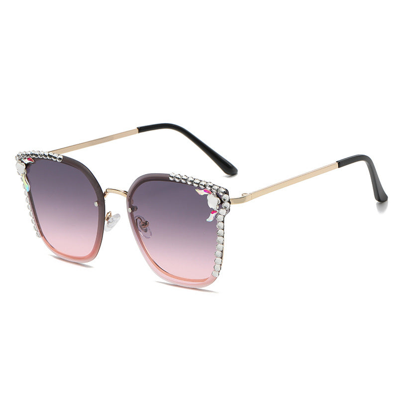 Women's fashion glasses 2023欧美猫眼镶钻摩登太阳镜金属半框时尚凹造型墨镜女士开车眼镜