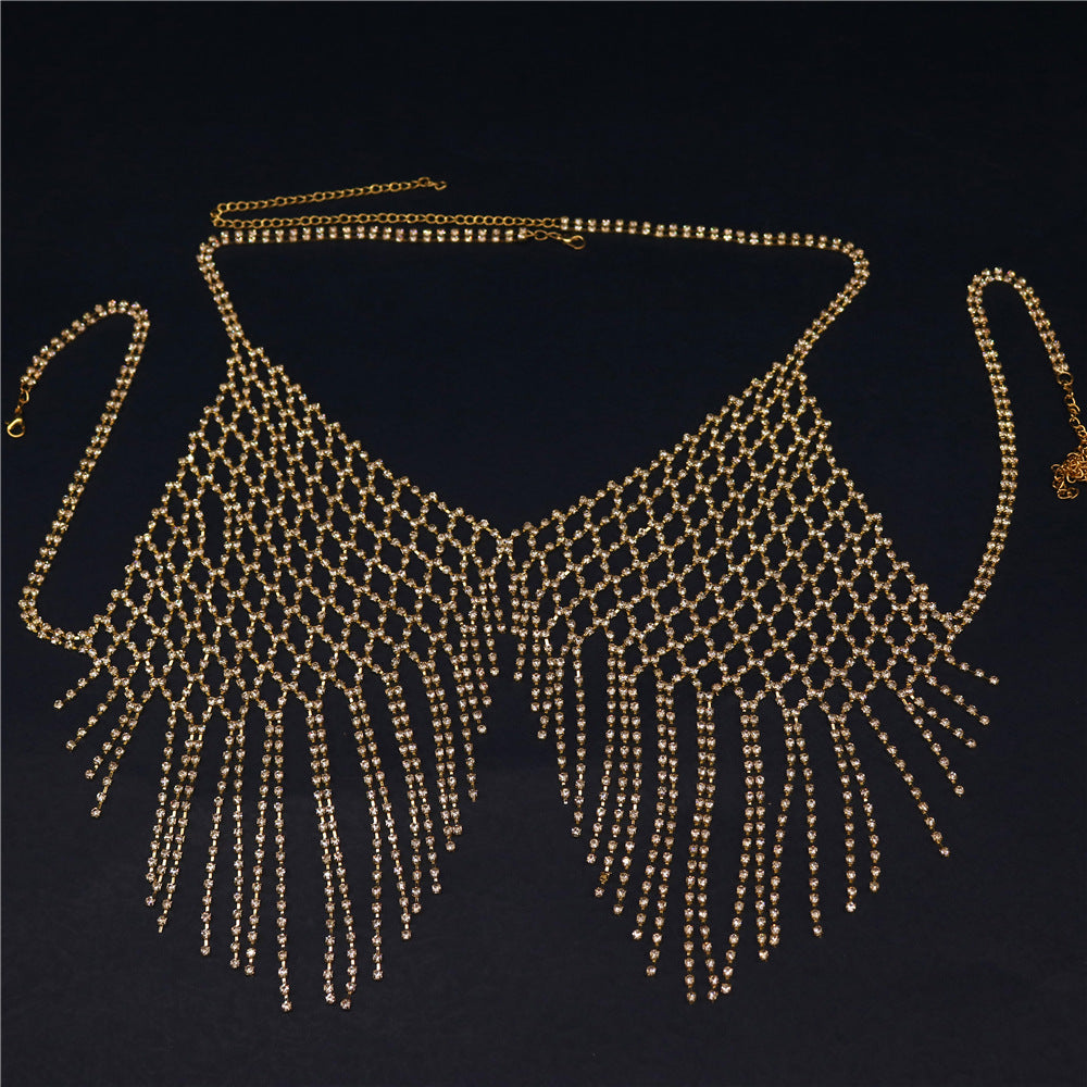 Fashion jewelry cross-border supply European and American rhinestone mesh tassel body chain sexy nightclub exaggerated diamond bra clothing wholesale