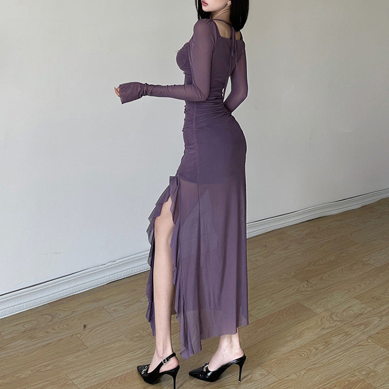 Free shipping   new women's clothing solid color slim-fitting high-waisted fashion square neck long-sleeved mesh dress tops