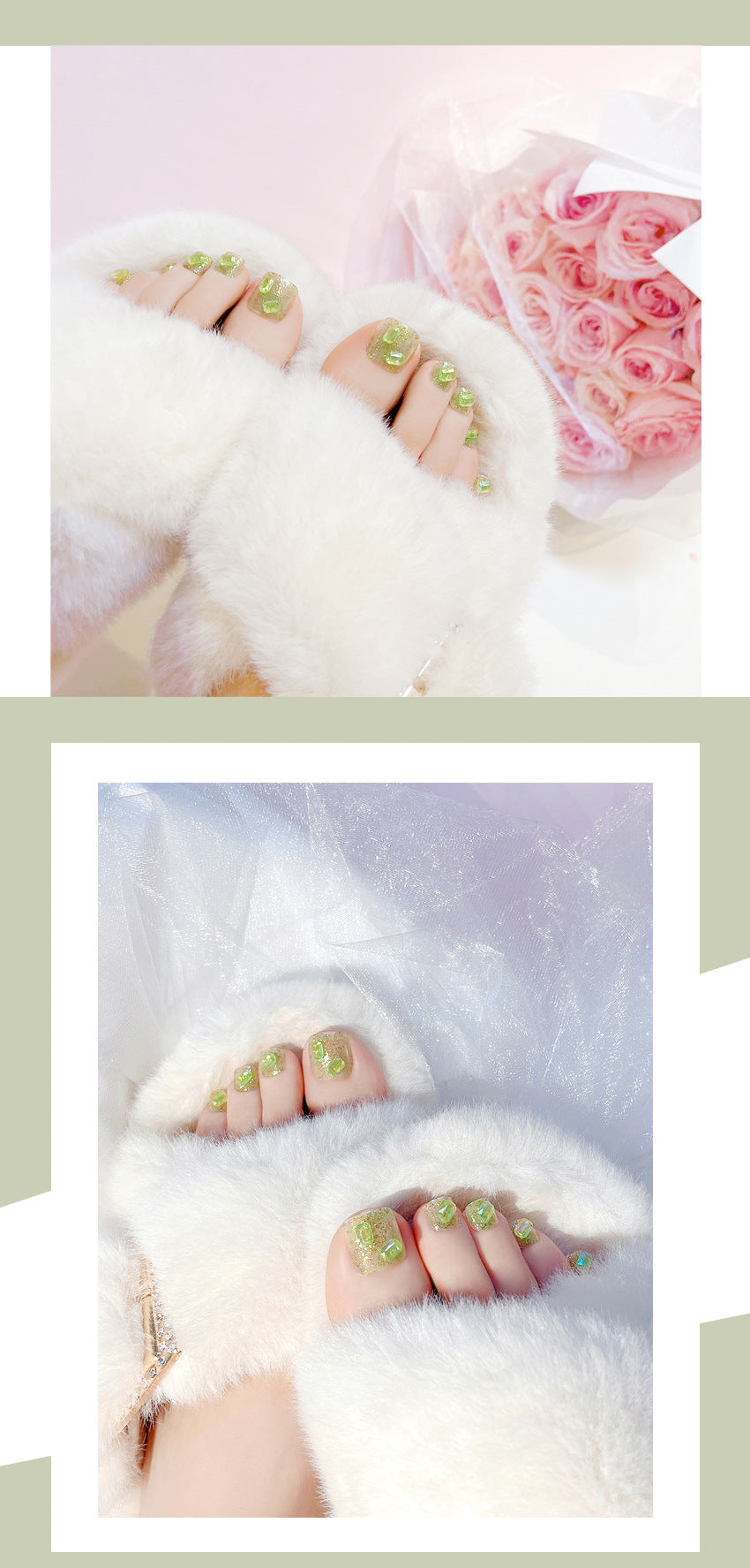 Fashion  nail Wear Feet Nail Sticker Nail Stickers Feet Nail Sticker Removable Green Cube Sugar Diamond Fake Nails J108