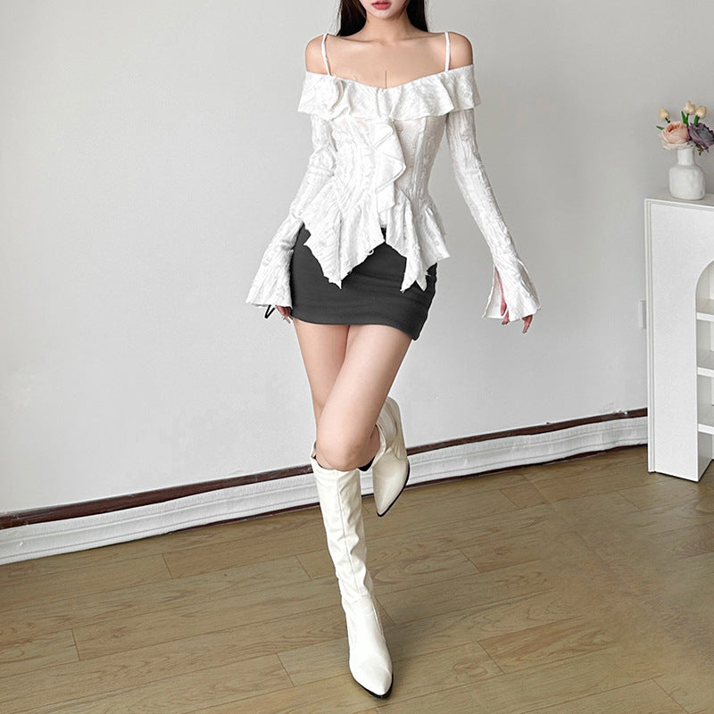 Free shipping new women's clothing solid color slim-fit street fashion one-word collar long-sleeved halter top tops