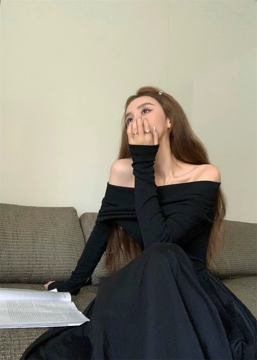 Fashion women's wear Retro Elegant off-Shoulder Long Sleeve Dress Women's Spring and Autumn 2024 New plus Size Plump Girls Waist-Tight A- line Long Skirt