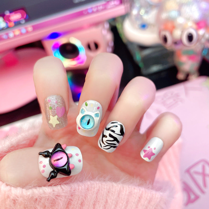 Fashion  nail Dopamine Manicure Little Monster Little Devil Short Cute Devil's Eye Cartoon Wear Nail Sweet Cool Hot Girl A57