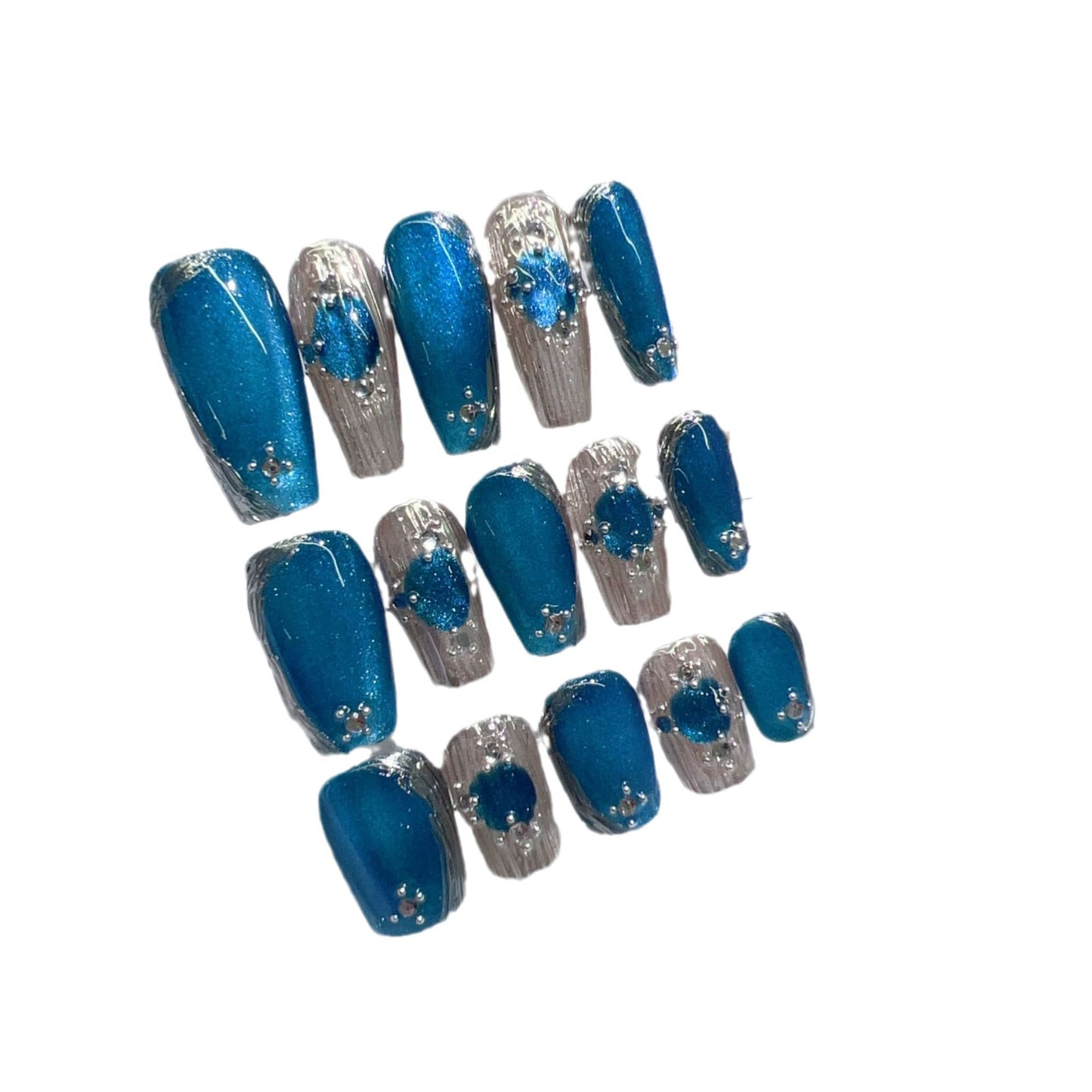 (Hand-Made Nail) Blue Cat Eye Blue Island Hand-Worn Armor Short Nail Stickers Wholesale European and American Style Autumn and Winter New