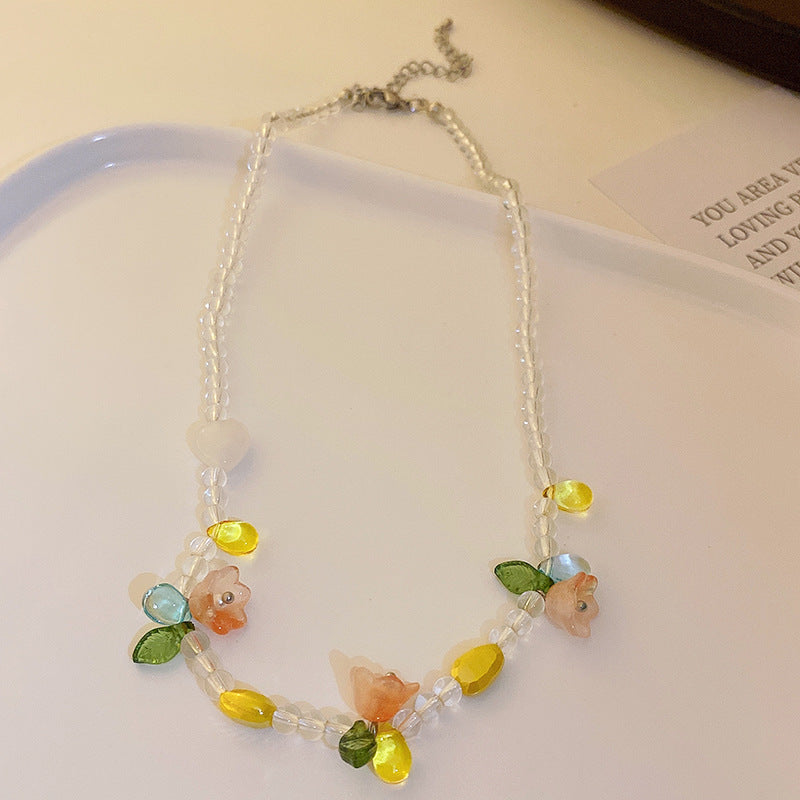 彩色串珠花朵项链轻奢小众高级感珍珠锁骨链清新甜美少女项饰批发