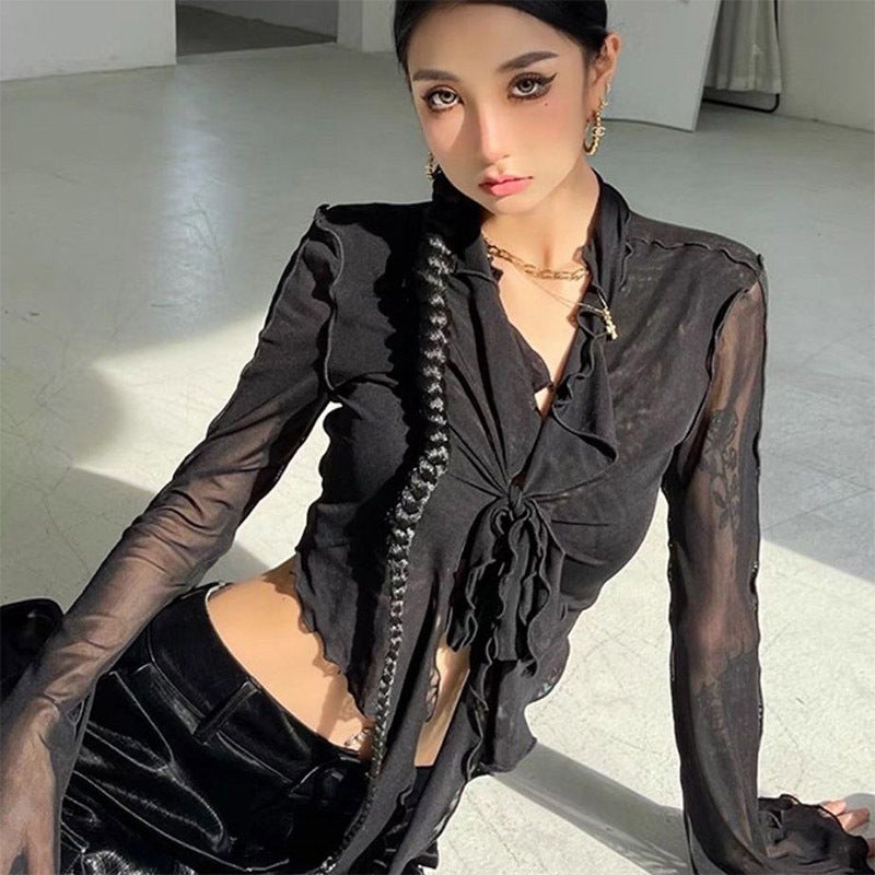 Free shipping  Spice Girl Long Sleeve T-Shirt Women's New Wear V-Neck Perspective Strap Skinny Cardigan Flared Sleeve Short Top tops