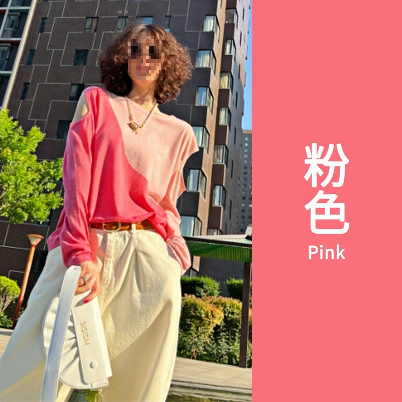 Dopamine tops Free shipping Tattoo 2024 early autumn new women's clothing contrasting colors hollow long-sleeved dopamine T-shirt design sense niche non-collision top