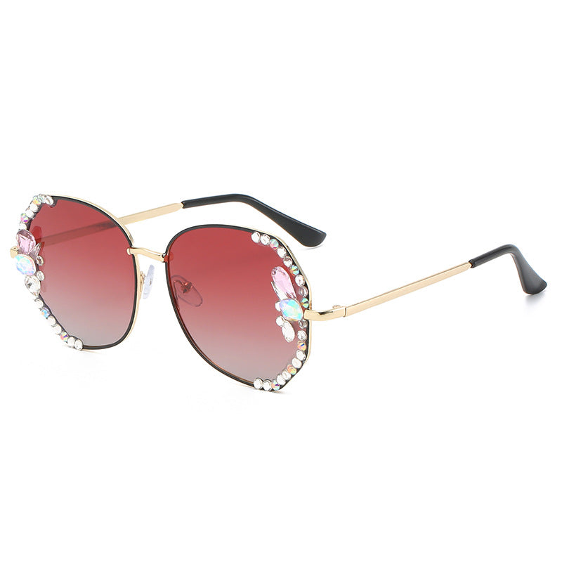 Women's fashion glasses 2024 跨境新款大框偏光镶钻太阳镜女士防紫外线时尚韩版开车墨镜
