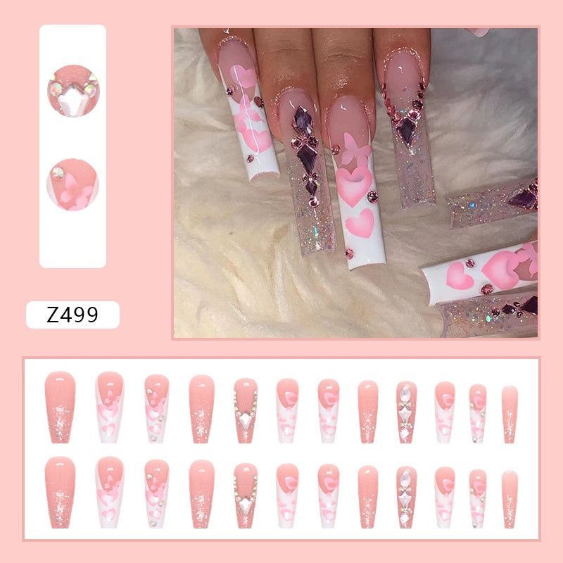 (Hand made nail) European and American Spicy Girl Super Long Instagram Dark Small Stand Retro Trapezoidal Shining Diamond Beauty False Nail Patch Detachable Wearable Nail