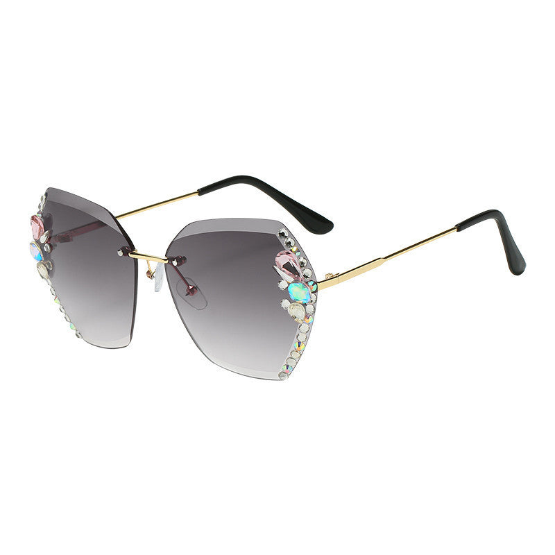 Women's fashion glasses 2024 跨境新款无框多边形镶钻花朵太阳镜女圆脸大脸 不规则墨镜女