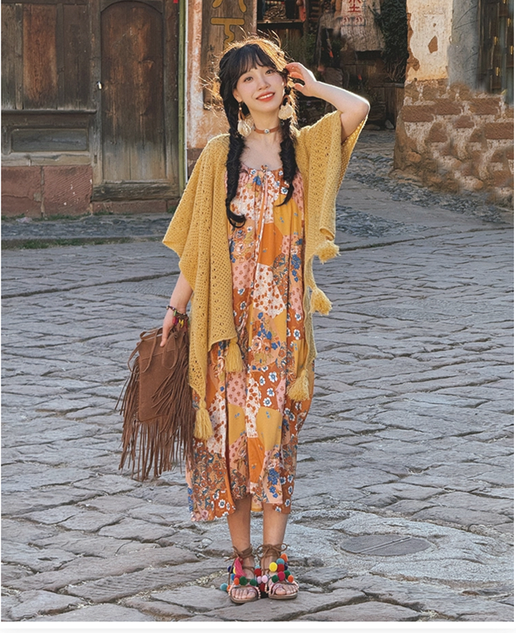 Dopamine dress Free shipping Tattoo Printed Suspender Dress Female Sweet Mori Vest Shawl Pastoral Summer Dopamine Seaside Dress