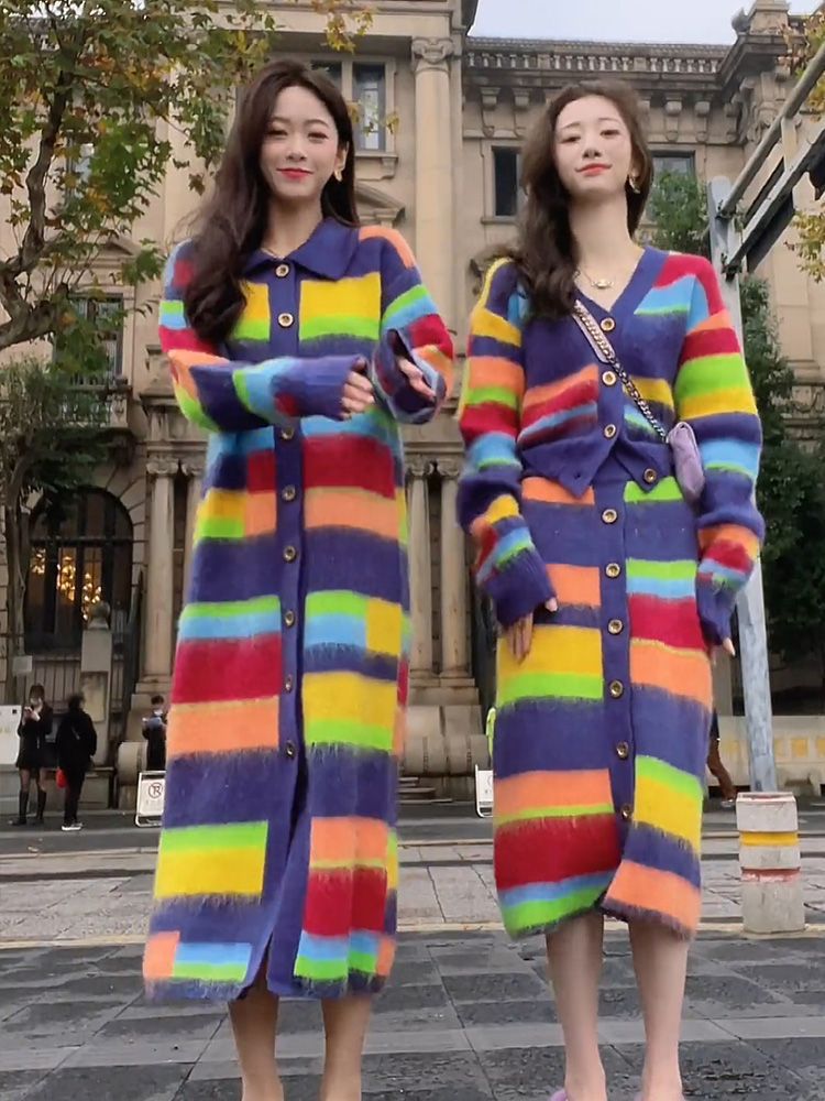 Dopamine tops Free shipping Tattoo 2023 new French long sweater skirt rainbow knitted dress high sense inside dopamine women autumn and winter