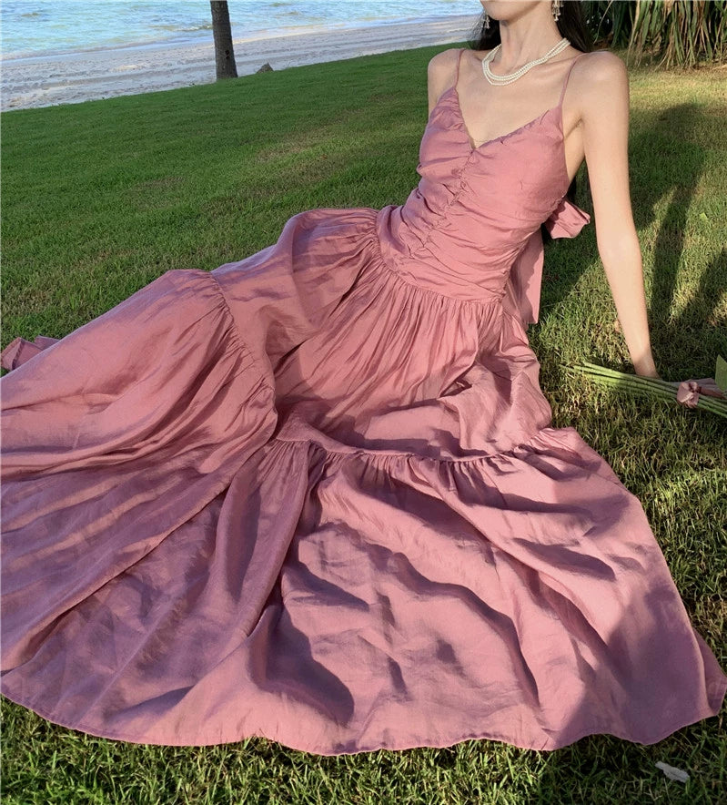 Fashion women's wear Beautiful Dopamine Special-Interest Design Lace-up Pleated Backless Vacation Style Sling Dress High-Grade Sense Temperament Long Dress