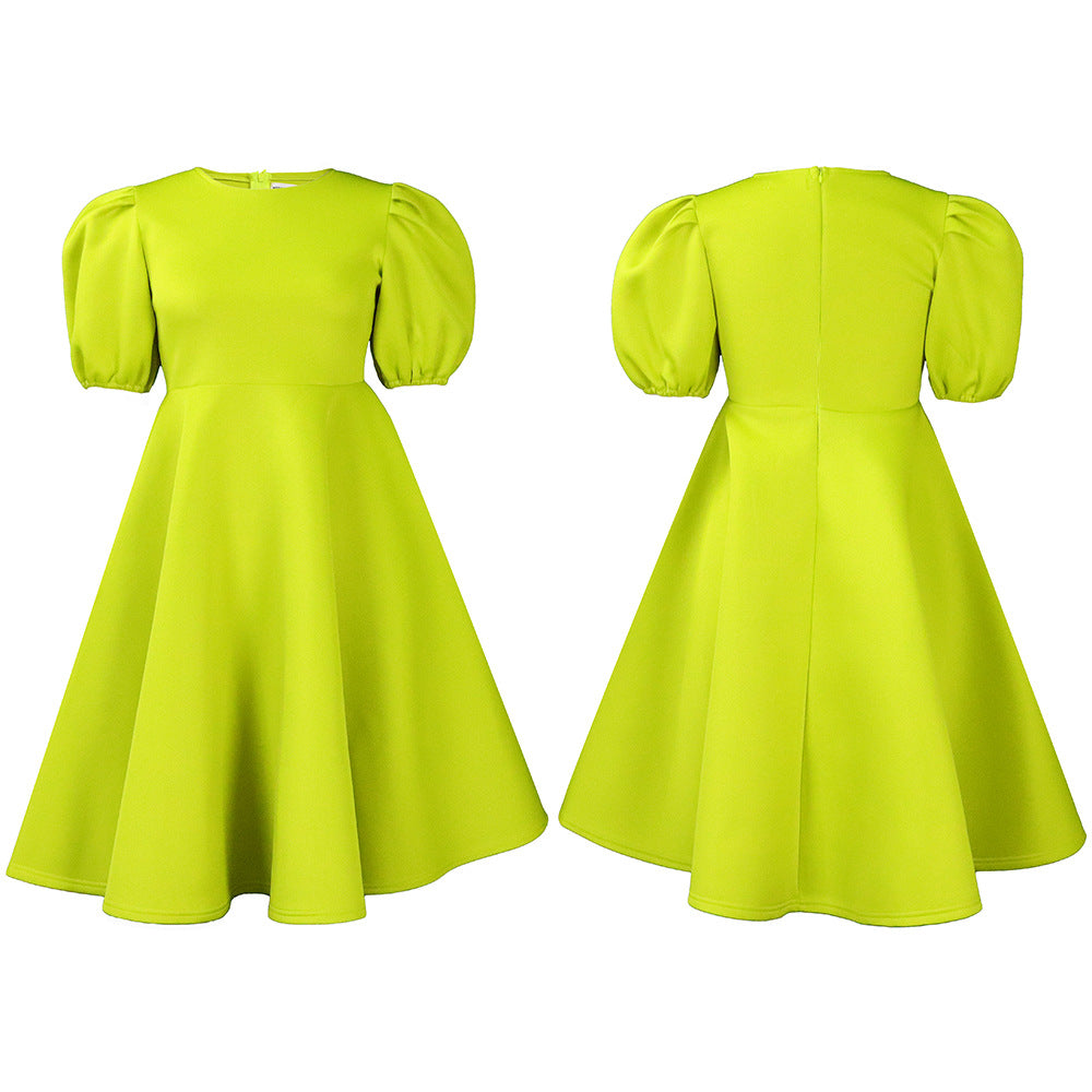 Fashion women's wear Cross-Border European and American Amazon Summer round Neck Graceful Puff Sleeve Waist-Controlled Large Hem Elegant A- line Foreign Trade Dress