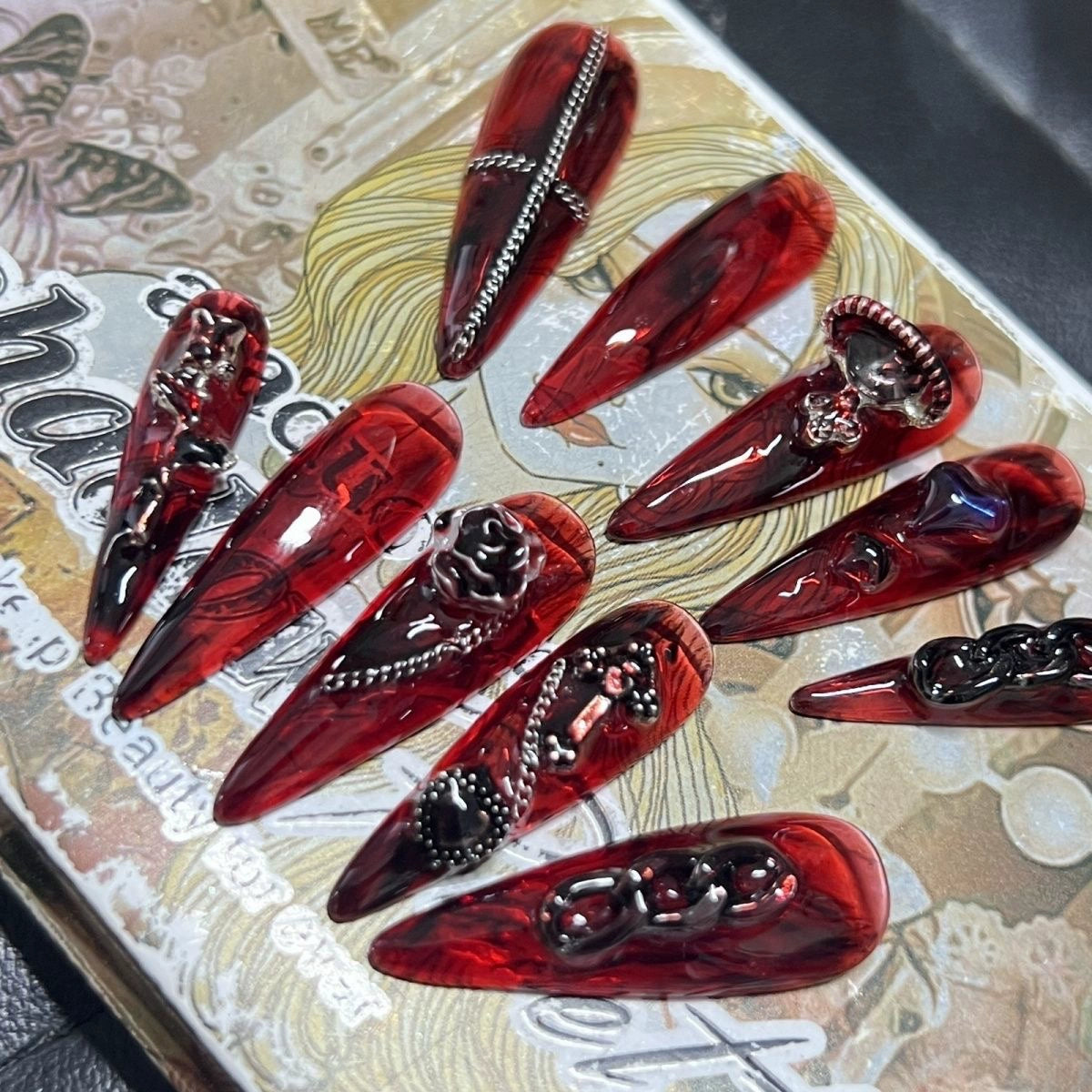 (Hand made nail) Handmade Wearable Armor Heavy Industry European and American Long Style Dark Blood Rose Nail Reusable Spicy Girl Nail