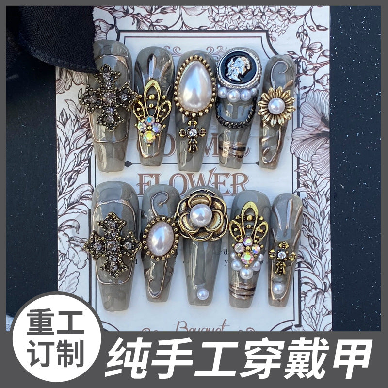 (Hand-Made Nail) Handmade Wear Nail Factory Straight Hair Luxury Sweet Cool Hot Girl Ins European and American Metal Feeling Finished Product Disassembly