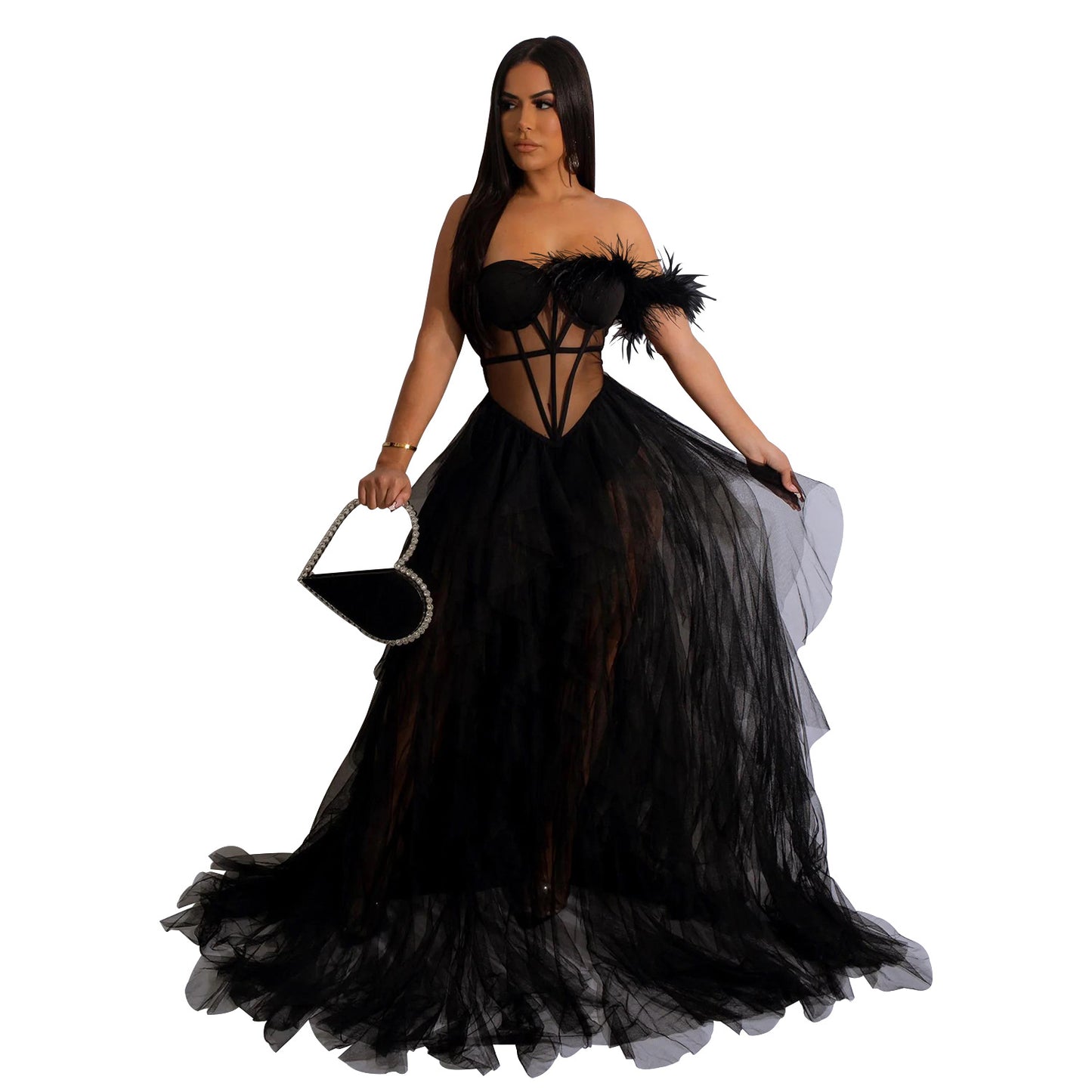 Fashion women's wear X6223 Cross-Border  Fashion Women's Wear Solid Color Sleeveless Chest Wrap Mesh Long Dress Dress