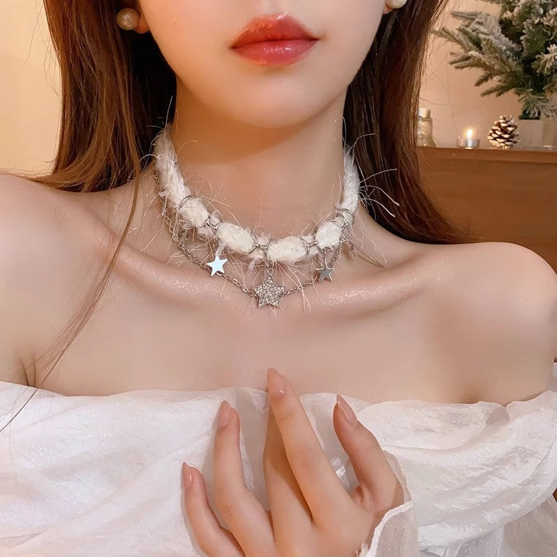 羽毛蝴蝶结珍珠项链秋冬甜美高级感锁骨链超仙时尚过年饰品批发女