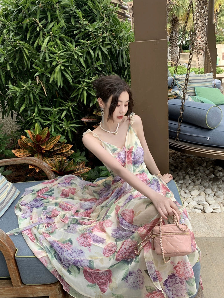 Fashion women's wear French Sweet Gentle Spaghetti-Strap Ruffle Floral Dress Women's Summer Vacation Fairy Large Swing Suspender Dress