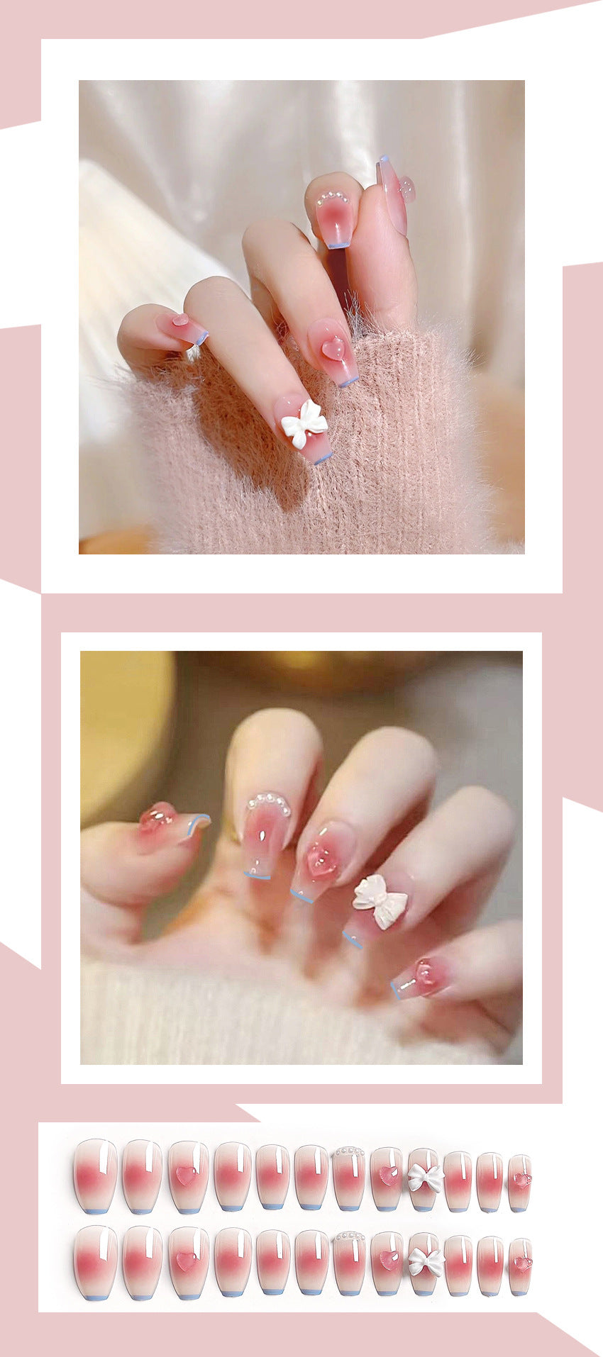 Fashion  nail Fake Nails Mid-Length White Blush Ice Transparent Pink Peach Heart Manicure Wear Nail Detachable Patch Y31