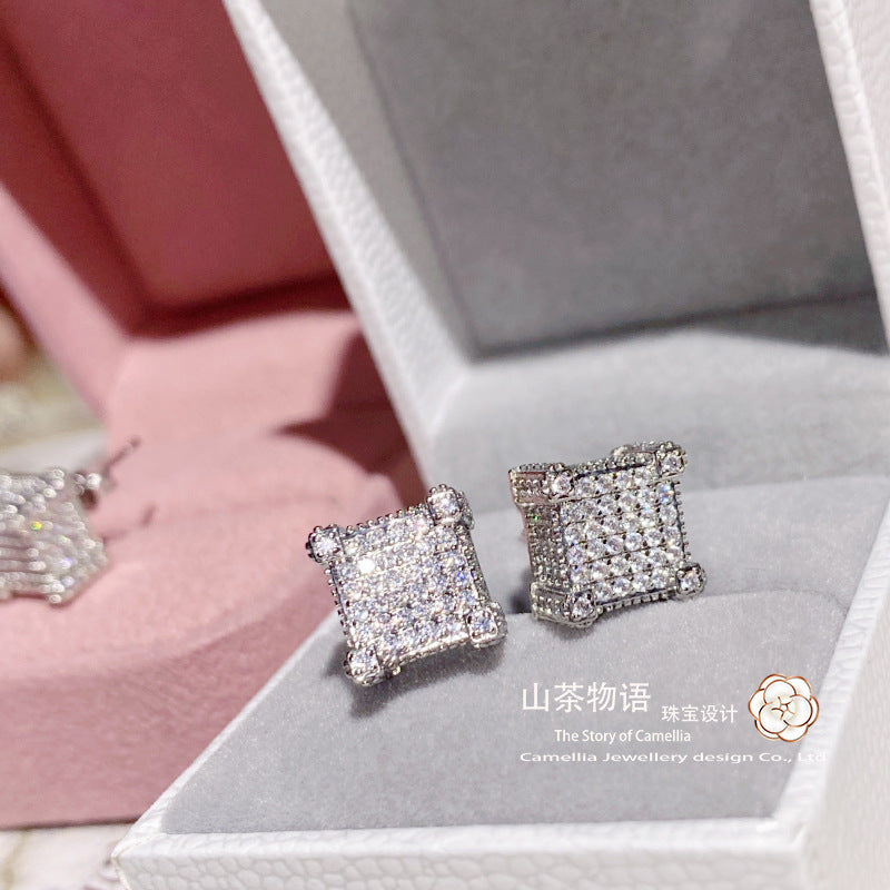 Camellia欧美方块满钻耳钉 镀金仿过敏镶粉粉锆个性小众情侣耳饰