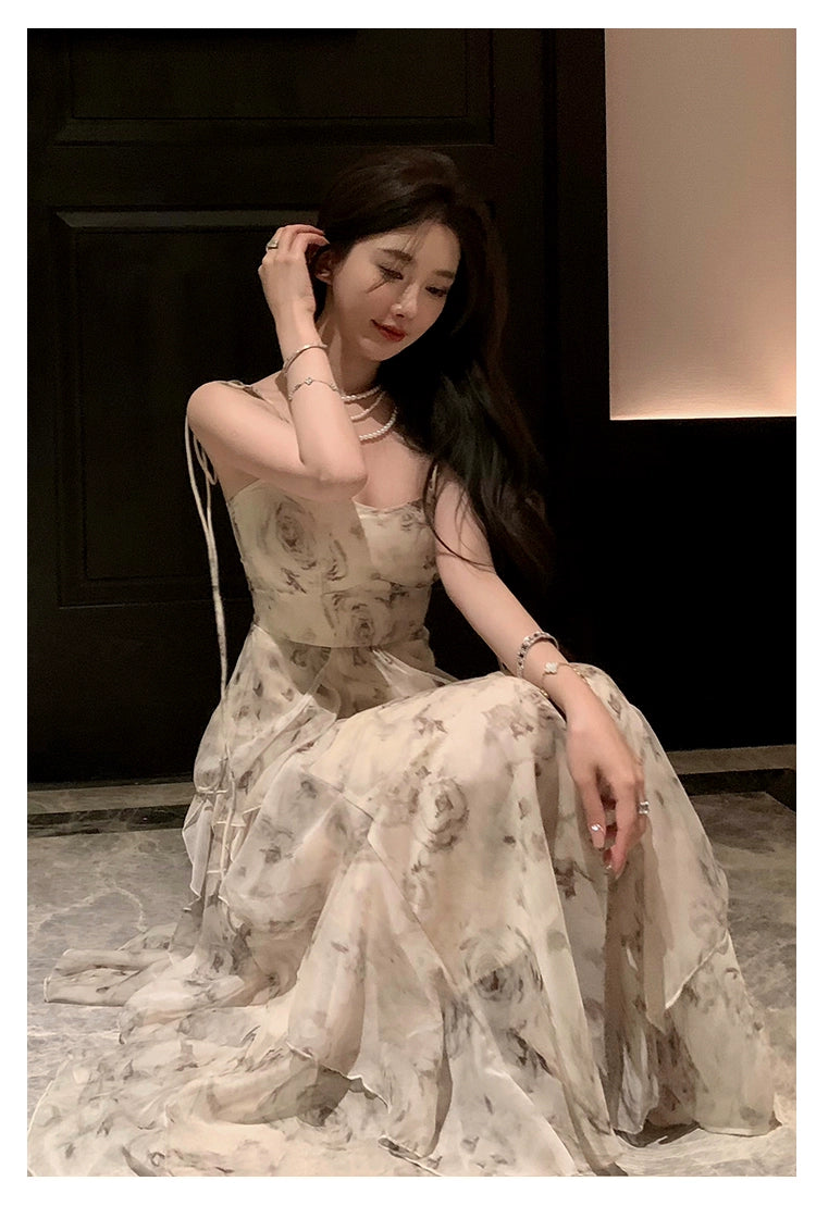 Fashion women's wear Phantom Fairy Ink Blue and White Suspender Dress Sanya Holiday Beach Skirt Irregular Ruffled Floral Dress
