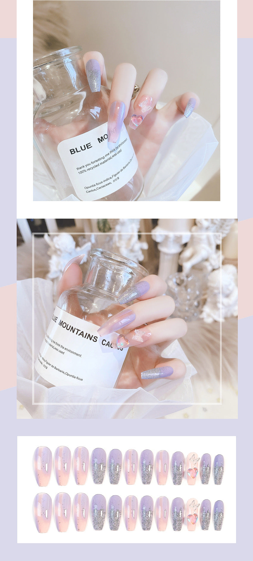 Fashion  nail Pure Want to Wear Nail Art Butterfly Ice through Love Fake Nail Patch Removable Wear Nail Wholesale Nail Art X74