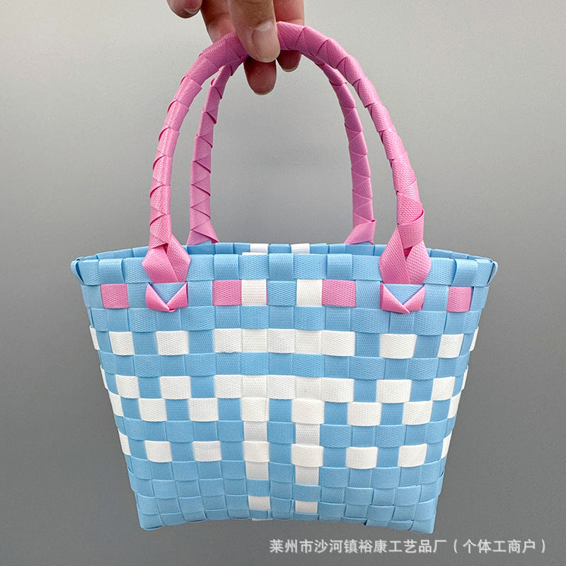 Dopamine Bag Free shipping Tattoo Cartoon dopamine plastic woven bag, trendy macaron hand-woven vegetable basket bag, cute casual seaside beach bag