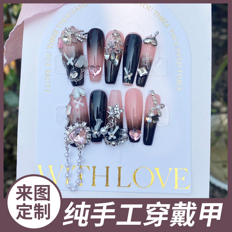 (Hand-Made Nail) Handmade Wear Nail Factory Straight Hair Sweet Hot Girl Ice through Pink Black Gradient Coloring Flash Heart Cool