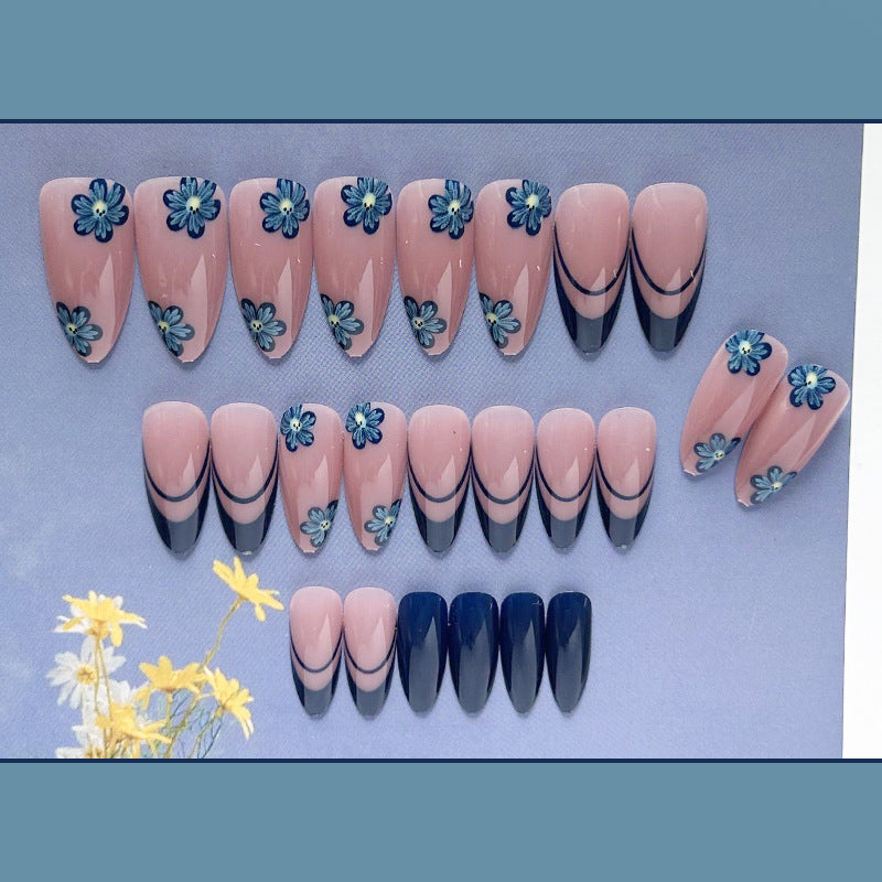 宝蓝花朵穿戴甲法式nails 跨境美甲片外贸假指甲长尖甲型美甲贴片