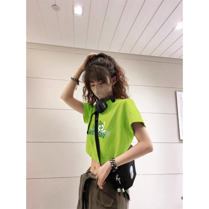 Dopamine tops Free shipping Tattoo Small Dopamine Wear Fluorescent Green Navel Short Sleeve Women's Summer French Sweet and Spicy Jazz Tights