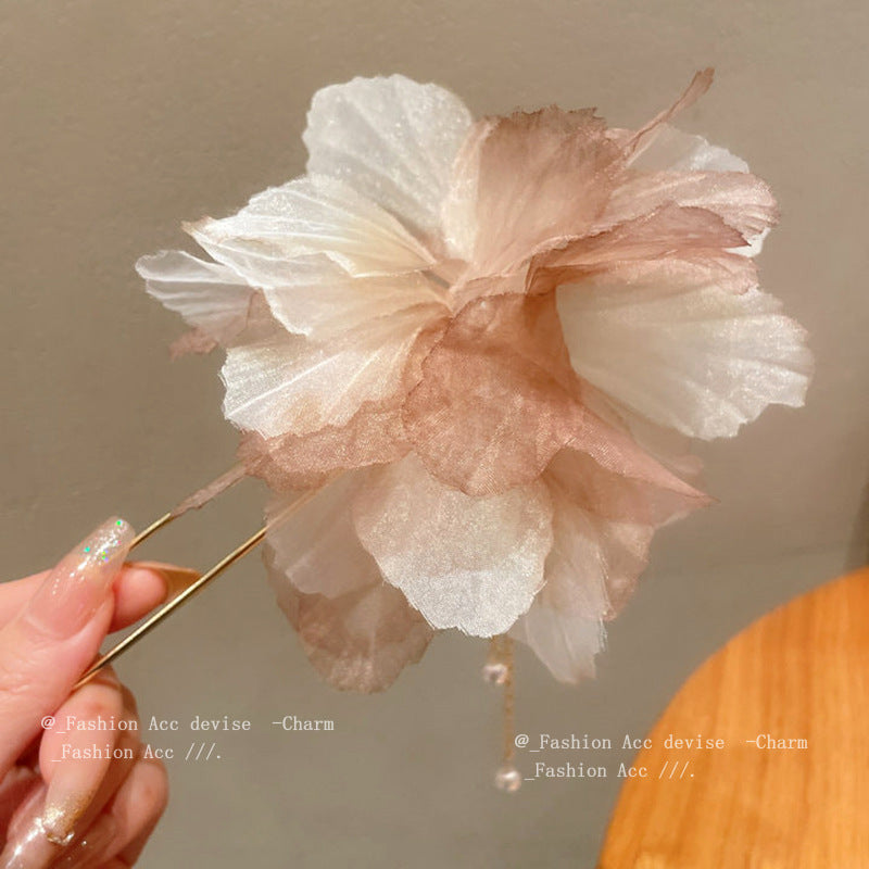 头饰发簪布艺珍珠流苏花朵发簪森系甜美气质盘发发杈古风时尚百搭发饰批发