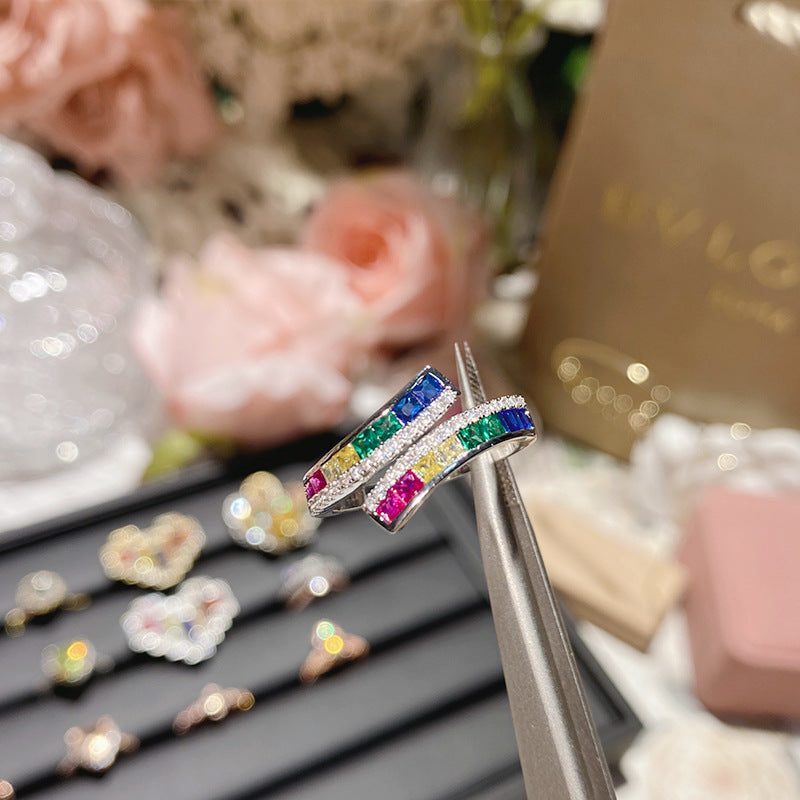 山茶新品宫廷仿彩虹碧玺彩宝系列戒指 镀 金微镶闪钻精致开口戒指