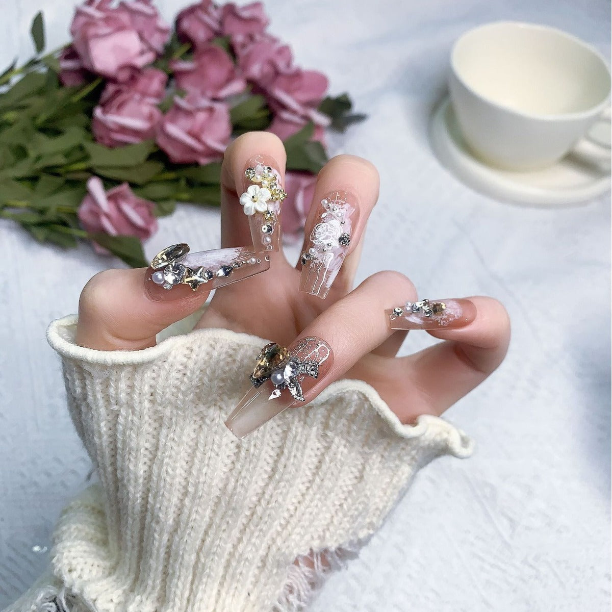 (Hand-Made Nail) Heavy Industry Handmade Wear Nail Maillard Light Luxury Bow Pile Rhinestone Flash Autumn and Winter Nail Wear Nail Sticker