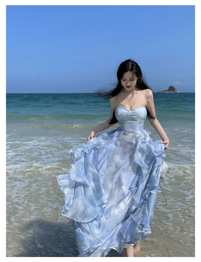Fashion women's wear Phantom Fairy Seaside Vacation Elegant Beach Dress Ruffled Escape Princess Skirt Summer Sling Dress