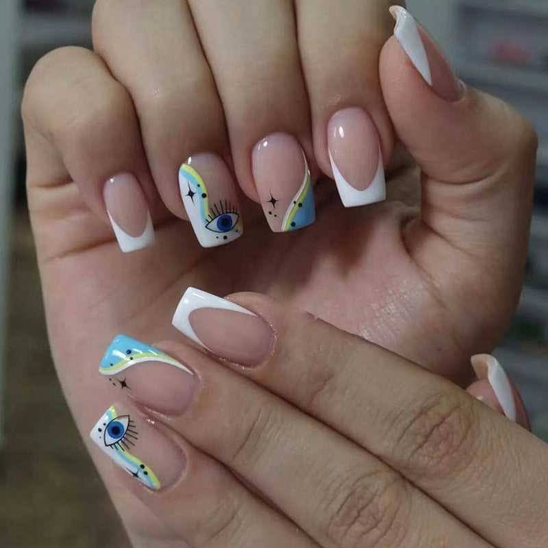 蓝色瞳孔穿戴甲眼睛nails 法式跨境美甲片外贸假指甲长甲美甲贴片