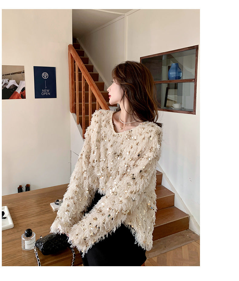 Fashion women's wear Real Shot Shiny Annual Meeting Festival Atmosphere Handmade Sequined Feather V-neck Sweater Spring Inner Wear Sweet Dress