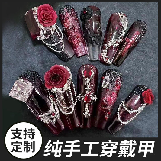 (Hand-Made Nail) Pure Hand-Wear Nail Manicure Dark Blooming Red Rose Flash Drilling Detachable Heavy Hand-Painted