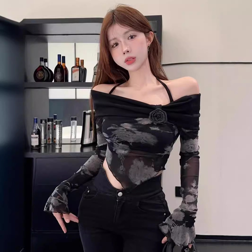 Dopamine tops Free shipping Tattoo Sweet and cool babes shoulder print T-shirt women's early autumn chic slim short long-sleeved mesh black neck top