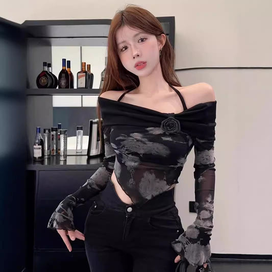 Dopamine tops Free shipping Tattoo Sweet and cool babes shoulder print T-shirt women's early autumn chic slim short long-sleeved mesh black neck top