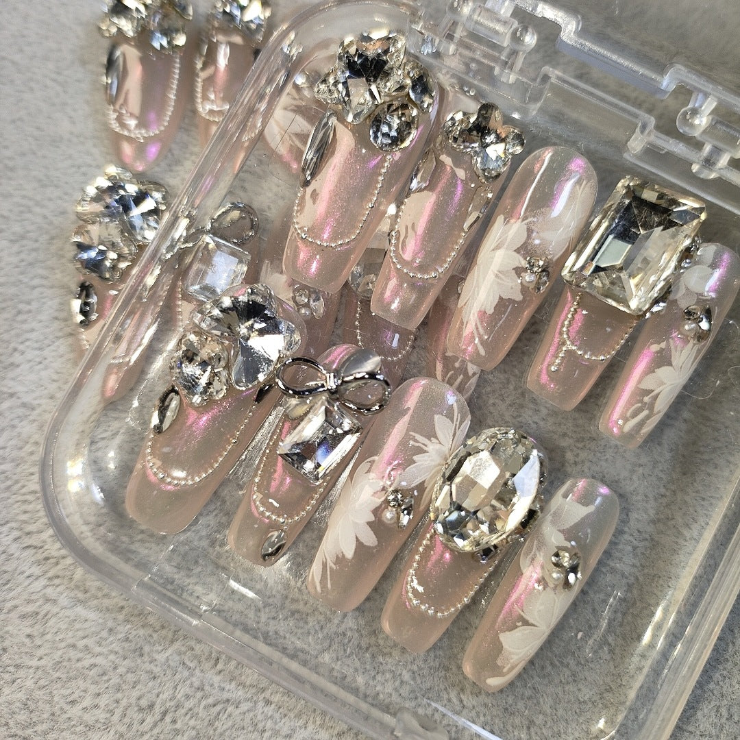 (Hand-Made Nail) Red-Letter Day Set Manicure [Real Shot] Handmade Wear Nail Pink Magic Mirror Heavy Industry Full Diamond Flash Nail Sticker 011