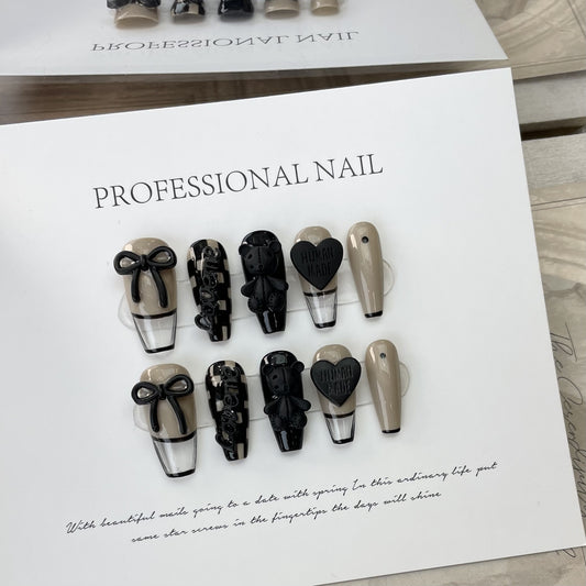 (reusable nail)【纯手工实拍】手工穿戴甲贴片棋盘格小熊爱心穿戴甲美甲可拆卸